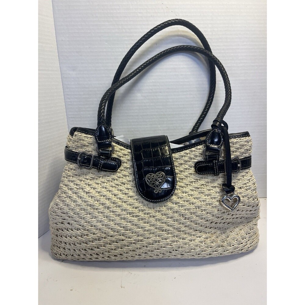 Brighton Khaki Woven Shoulder Tote Bag Macrame Vintage 90’s Leather Heart Charm
